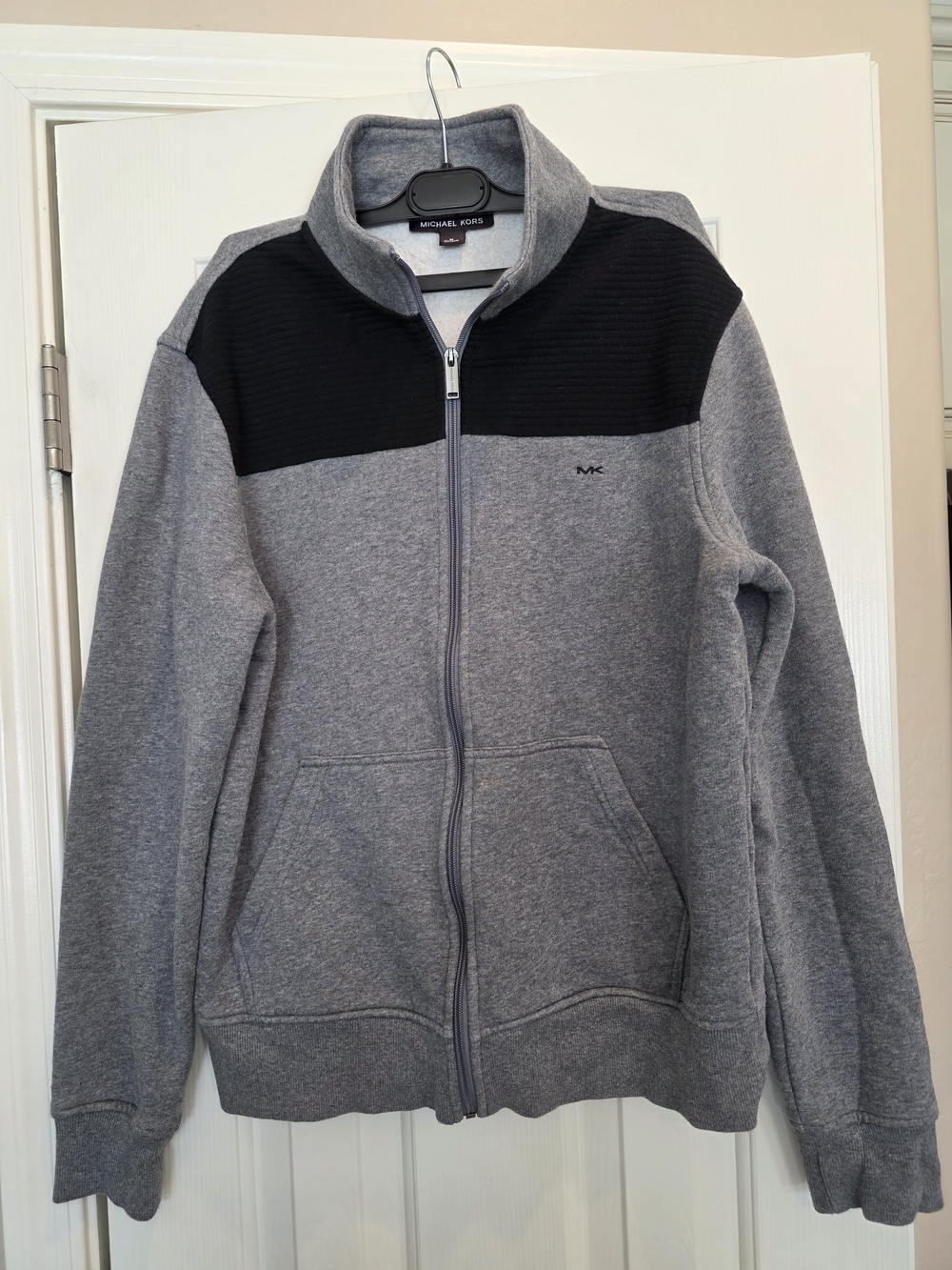 Michael Kors Men’s Grey Zip-Up Sweater with Black Shoulder Panel